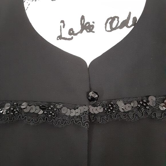 Vintage 90s Black Sequin Blazer Round Neck Jacket Button Front Shoulder Pads 12 - Picture 5 of 12